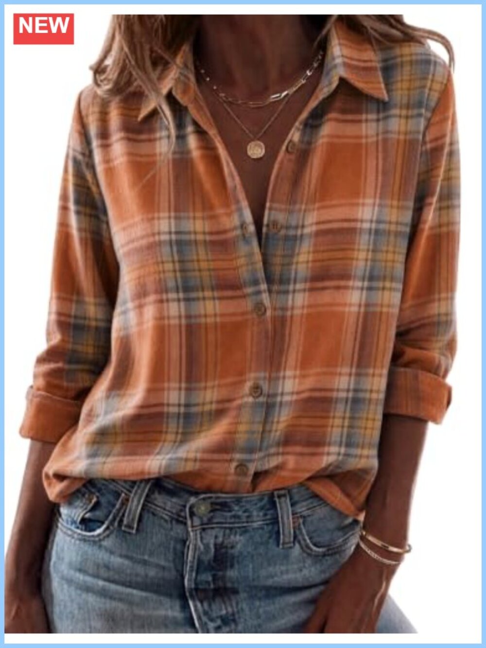 Womens Plaid Flannel Button Down Shirt Long Sleeve Collared Curved Hem